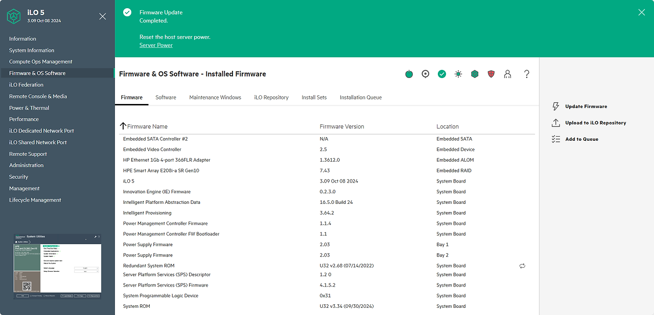 DL360 Gen10–펌웨어 업데이트(ILO) dl360 gen10 ilo firmware update - update complete and reboot notice