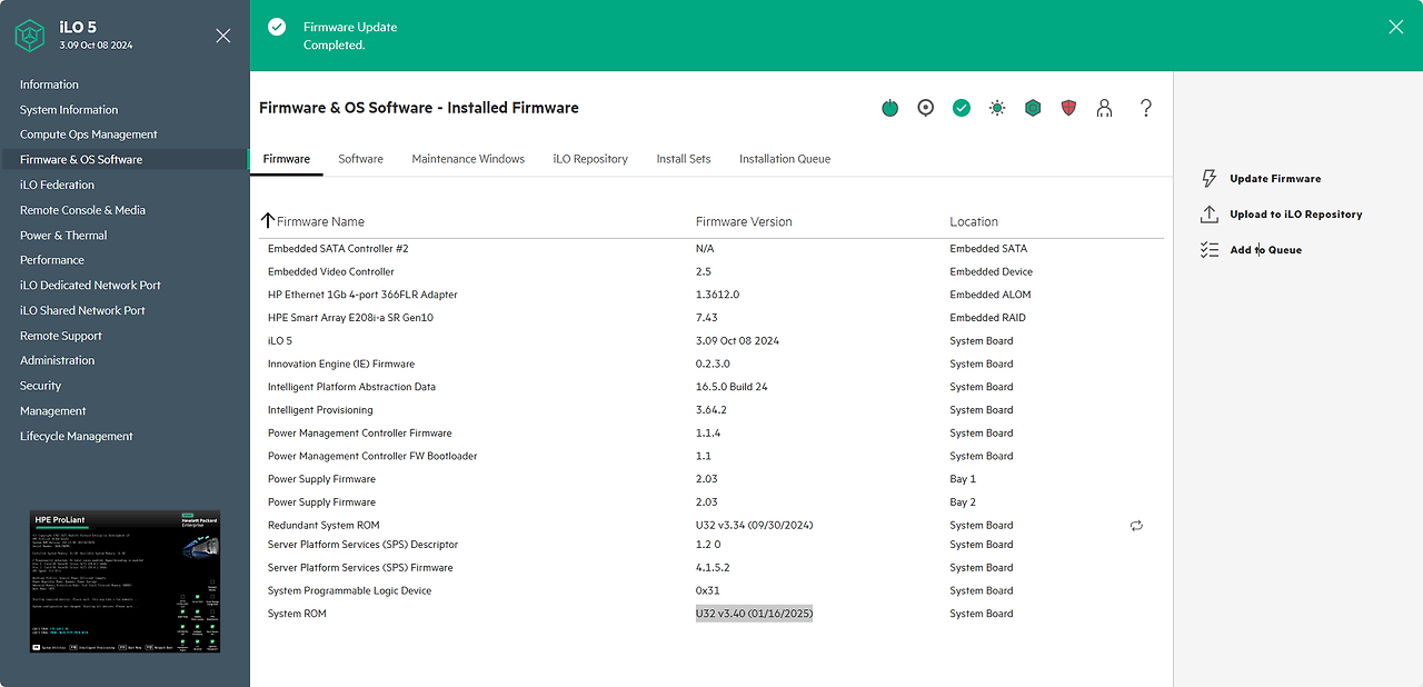 DL360 Gen10–펌웨어 업데이트(ILO) dl360 gen10 ilo firmware update - version check after update